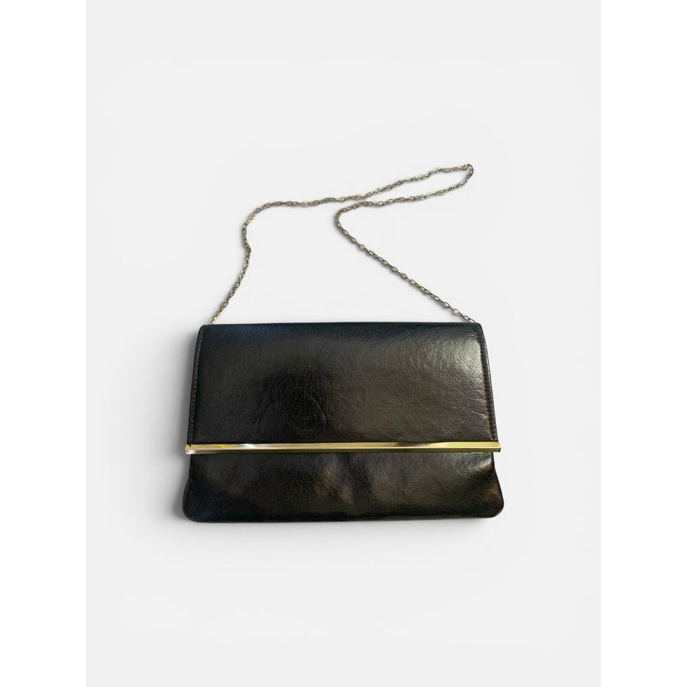 Vintage Evening Purse, Black Leather, Gold Hardware, Retro Glam Elegant Formal